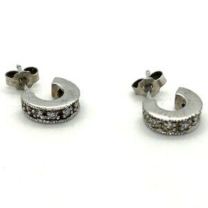 Sterling Silver 925 Petite Hoop Earrings Post With Sparkling Detailing 3/8 inch